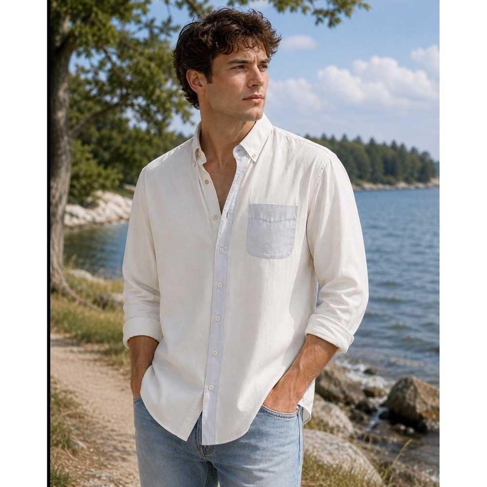 LL Bean  Large Button Down Long Sleeve Shirt Cream Regular Traditional Fit Khaki